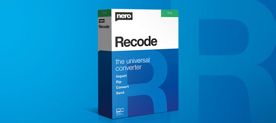 Boxshot of Nero Recode. The background is solid blue, with a stylized letter B at the right